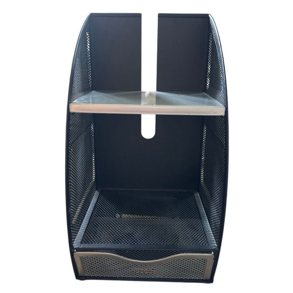 Rolodex Black Wire Mesh Desktop Organizer With Silver Shelf And Drawer